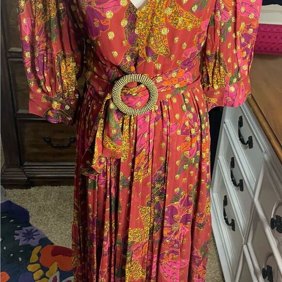 NWT- FARM Rio Red and Purple Sundress with Long Bishop Sleeves and V-Neck - Picture 5 of 6